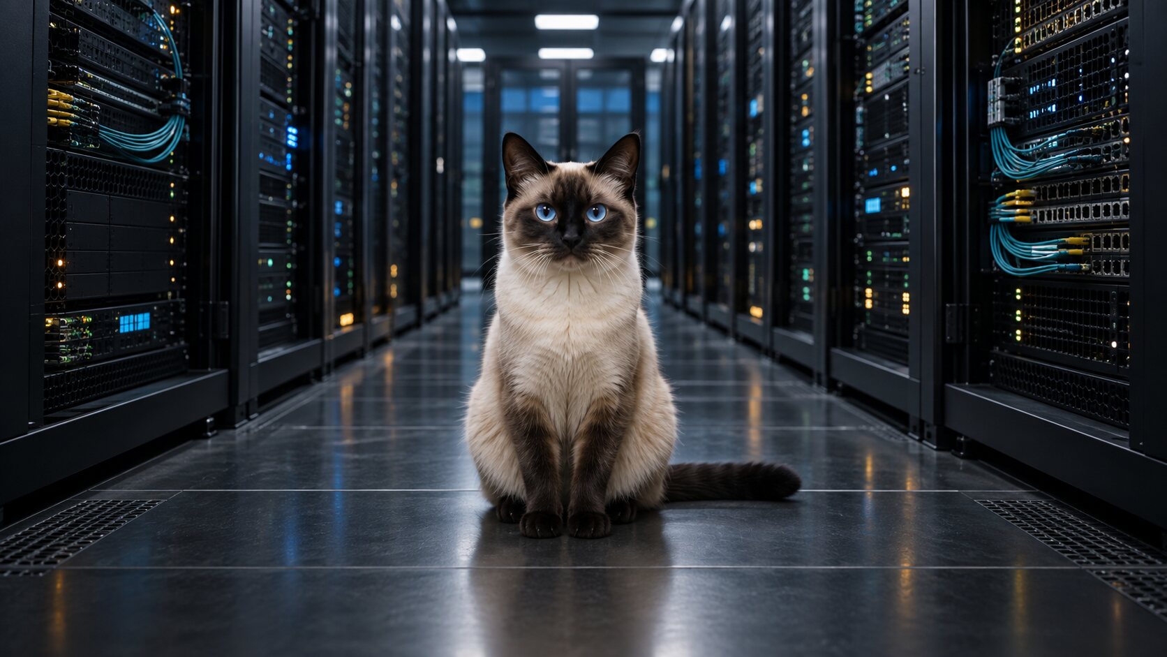 A Siamese cat sitting in the aisle of a server room